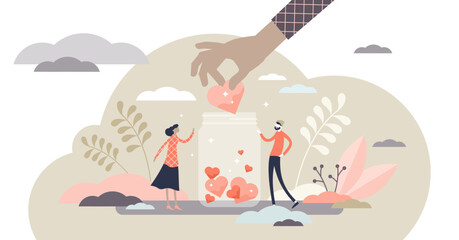 Support concept, flat tiny volunteer persons illustration, transparent background. Donation jar collecting heart symbols with a giving hand. Charity help campaign for social awareness.