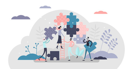 Teamwork jigsaw puzzle concept, flat tiny persons illustration, transparent background.Stylized group work activity by assembling abstract project parts.