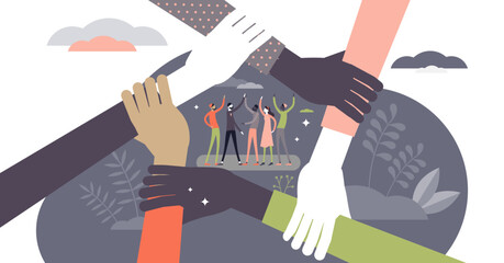 Obraz premium Teamwork concept, flat tiny persons illustration, transparent background. Team members group ready to work and reach the goals. Hands locked together symbol. Diverse partnership startup.