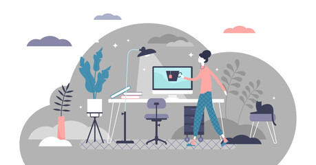 Work from home concept, flat tiny person illustration, transparent background. Freelancer remote office workplace interior setup with desk, chair and computer.