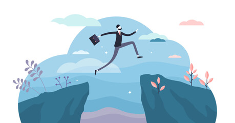 Next big business leap, businessman jumping over a cliff gorge, transparent background.Flat tiny person illustration.Symbolic success move while taking risk.