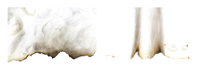 White paper burn marks isolated on black background.