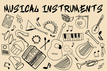 Black and white seamless pattern with with sheet music and musical instruments. Linear Vector illustration for creative and educational projects, music school, concert, festival. 