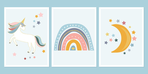 Cartoon fun rainbow. Bright doodle hand drawn illustration. Scandinavian nursery design.