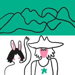 two people on the background of mountains. abstraction with travelers.man waving his hand. friends taking pictures together