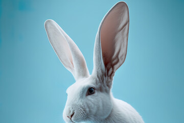 Obraz premium Rabbit ear in white against a light blue background. Good Friday. Generative AI