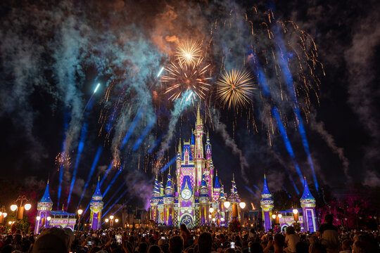Orlando, FL, USA - November 5 2022 : Magic Kingdom Park fireworks. The Walt Disney World 50th Anniversary Celebration.
