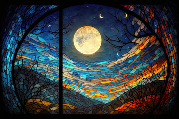 A stained glass window with a moon in the sky, a mosaic. Generative AI.