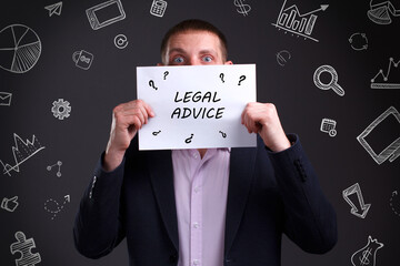 Business, Technology, Internet and network concept. Young businessman working on a virtual screen of the future and sees the inscription: Legal advice