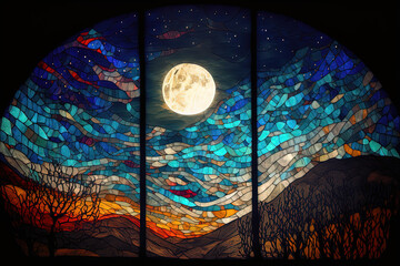 Obraz na płótnie Canvas A stained glass window with a moon in the sky, a mosaic. Generative AI.