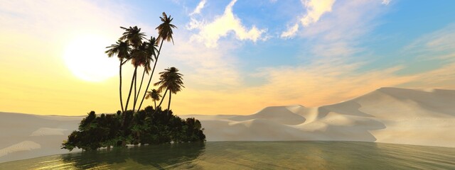 Oasis, body of water with palm trees in the sand desert at sunset, palm trees over water in the dunes, 3d rendering