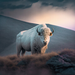 One white buffalo standing on a grassy hill - obrazy, fototapety, plakaty