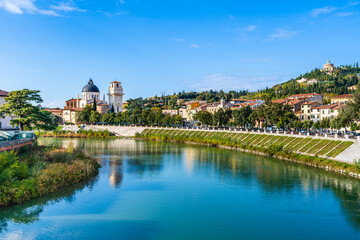 Fototapeta na wymiar Verona, Veneto, Italy: Panoramic view of the church of Saint George in Braida, San Giorgio in Braida over river Adige