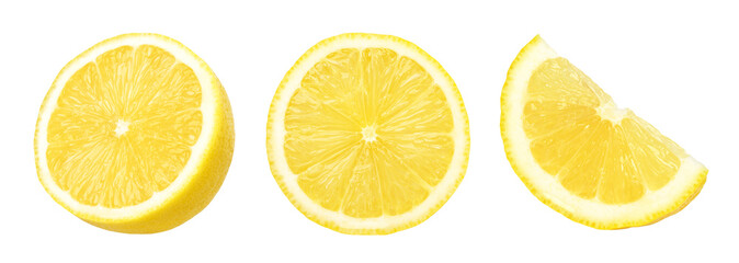 slices of ripe lemon fruit and half isolated, Fresh and Juicy Lemon, transparent png, PNG format, collection, cut out - obrazy, fototapety, plakaty