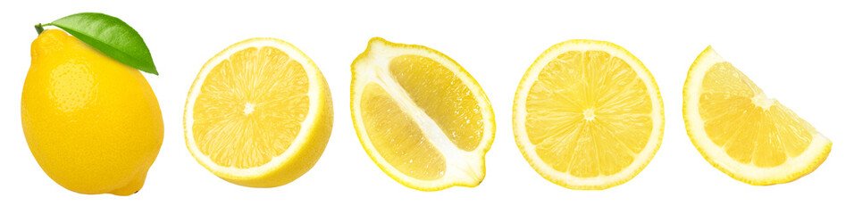 lemon fruit with leaves, slice, and half isolated, Fresh and Juicy Lemon, transparent png, PNG format, cut out - obrazy, fototapety, plakaty