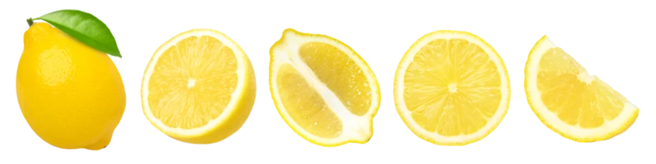 Foto op Plexiglas lemon fruit with leaves, slice, and half isolated, Fresh and Juicy Lemon, transparent png, PNG format, cut out © natthapol