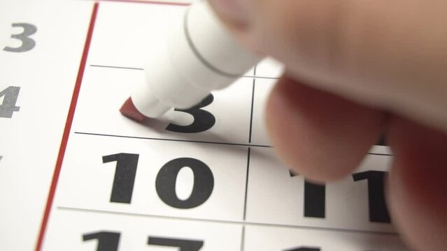 The 3st number in the calendar is crossed out with a red cross in a macro on a white sheet. Calendar for plans, notes, meetings. Business calendar. Marker for notes in the calendar
