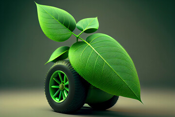 Green leaf with four wheels. 3D illustration