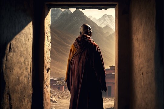 Tibetan monk looking at the mountains