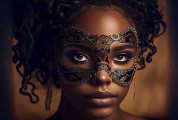 Carnival mardi gras venetian mask beautiful african american woman looking at camera portrait. Generative AI