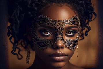 Fotobehang Carnival mardi gras venetian mask beautiful african american woman looking at camera portrait. Generative AI © fabioderby