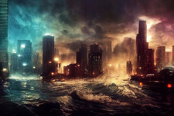 Tsunami ocean waves flood a modern city with skyscrapers due to climate change. 