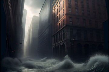 Fototapeta na wymiar Tsunami ocean waves flood a modern city with skyscrapers due to climate change. 