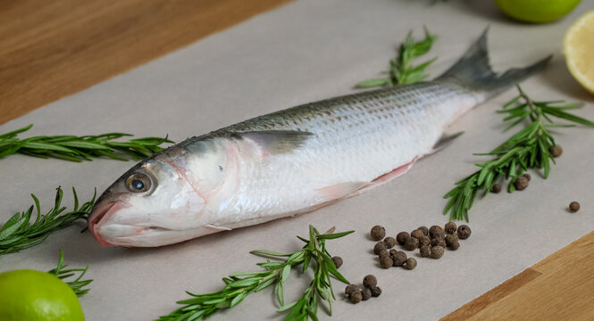 Mullet fish with marinade. Preparation the raw fresh fish for frying. Home kitchen, Culinary master class close-up