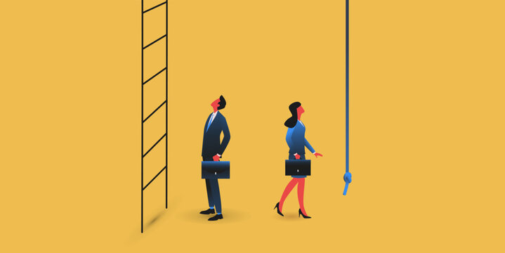Male manager going to climb a ladder. Meanwhile female manager has just a rope instead of stairs. Gender gap and career problems concept. Vector illustration. 