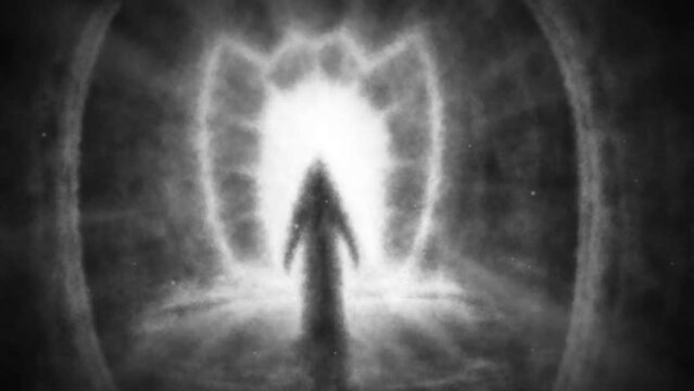 Dark monk stands in catacombs. Light in end tunnel. Dark corridor of ancient evil temple. Scary 2d animation. Creepy visions of hell. Motion graphics for VJ loops, music clips. Animated short video.