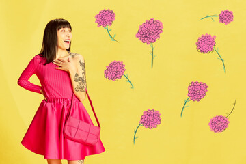 Creative colorful design. Modern art collage. Emotive, beautiful young girl in pink clothes posing over bright yellow background with flowers