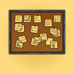 board with yellow post stickers and notes pinup pop art retro vector illustration. Comic book style imitation.