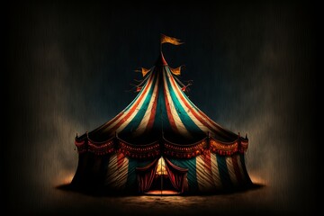 blue red white circus tent in the dark with lights - obrazy, fototapety, plakaty