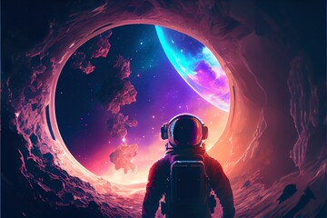 Extraterrestrial astronaut exploring planet watching outer space.. Generative AI