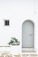 Fototapeta premium Mediterranean house entrance with a wooden door and a plant and stone tiles in the foreground