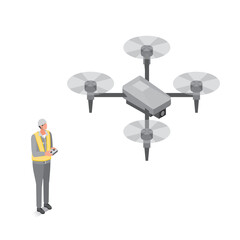 アイソメトリック_ドローンを操縦している作業服姿の男性のイラスト
