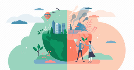 Environment concept, flat tiny persons couple illustration, transparent background. Green and healthy planet earth versus industrial pollution and global warming issues.