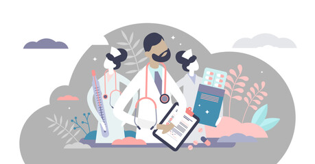 Fototapeta na wymiar Medical team illustration, transparent background. Doctor and nurses flat tiny persons concept. Professional hospital or paramedic staff.