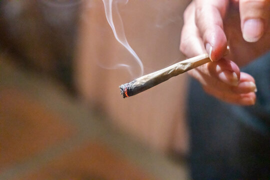 Finger holding lighted cannabis cigarette with smoke in dark room, with selective focus on cannibis ash and fire.