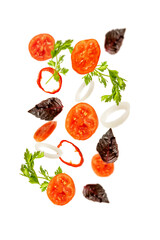 summer salad with flying floating in air ingredients, fresh vegetables.tomato, pepper