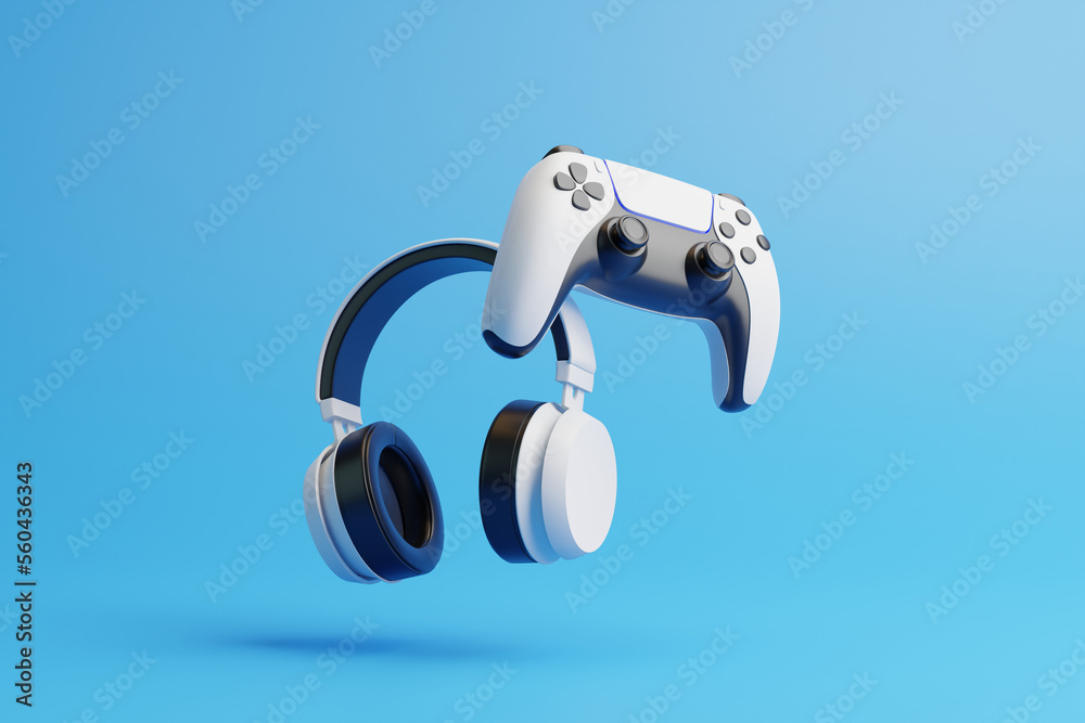 Fototapete Flying gamepad and headphone on a blue background with copy space. Joystick for video game. Game controller. Creative Minimal Gaming concept. Front view. 3D rendering illustration