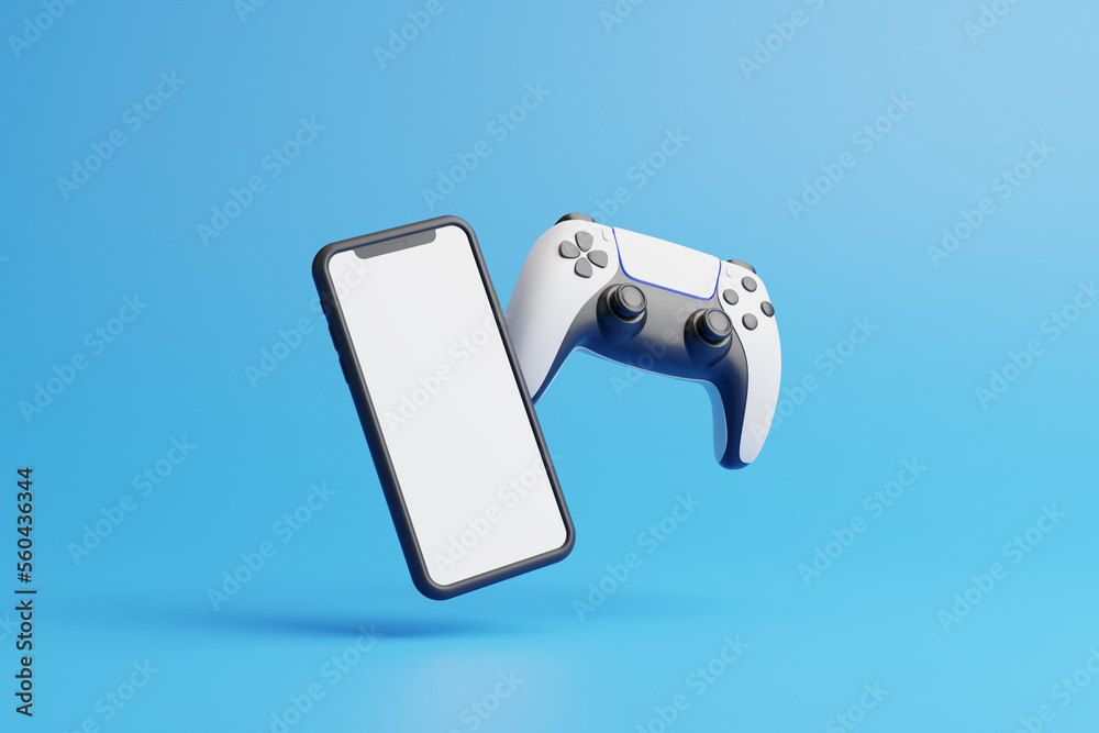Poster flying gamepad and phone on a blue background with copy space. joystick for video game. game control