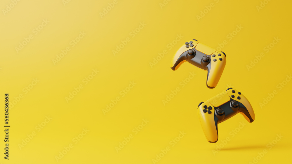 Poster flying gamepad on a yellow background with copy space. joystick for video game. game controller. cre