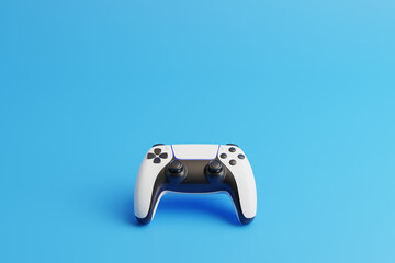 Gamepad on a blue background with copy space. Joystick for video game. Game controller. Creative Minimal Gaming concept. 3D rendering illustration