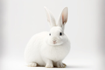 Obraz premium Cute snow white easter bunny on a white studio background. Ultra Realistic Digital Illustration.
