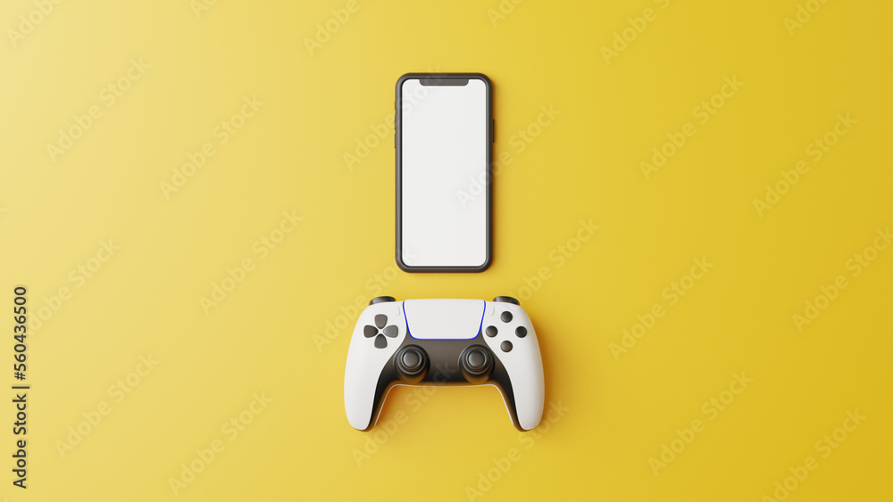 Poster gamepad and phone on a yellow background with copy space. joystick for video game. game controller. 