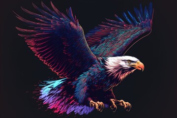 Colorful, abstract, neon, artistic portrait of a soaring bald eagle in pop art style. Digital graphics. AI