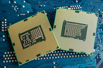 CPU, central processor unit chip Chip on circuit board in PC and laptop computer technology.