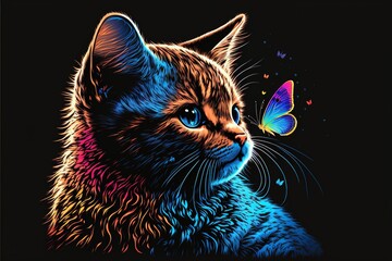 Abstract, multicolored, neon portrait of a kitten playing with a butterfly in pop art style. Digital graphics. AI