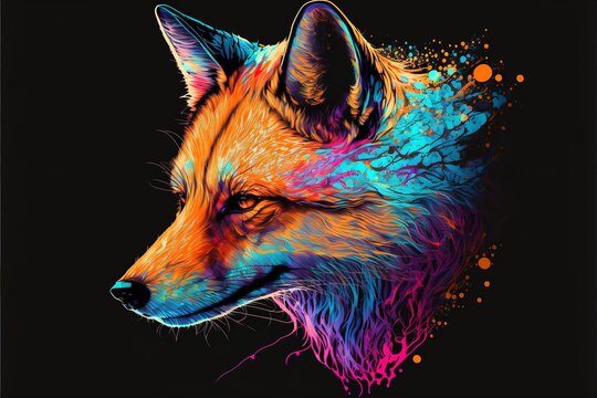 Abstract, colorful, neon fox head portrait in pop art style. AI